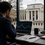 A financial analyst reviews market charts on a laptop in a modern office overlooking the Federal Reserve building in Washington, D.C., with documents and a coffee cup on the desk, conveying economic uncertainty and cautious decision-making.