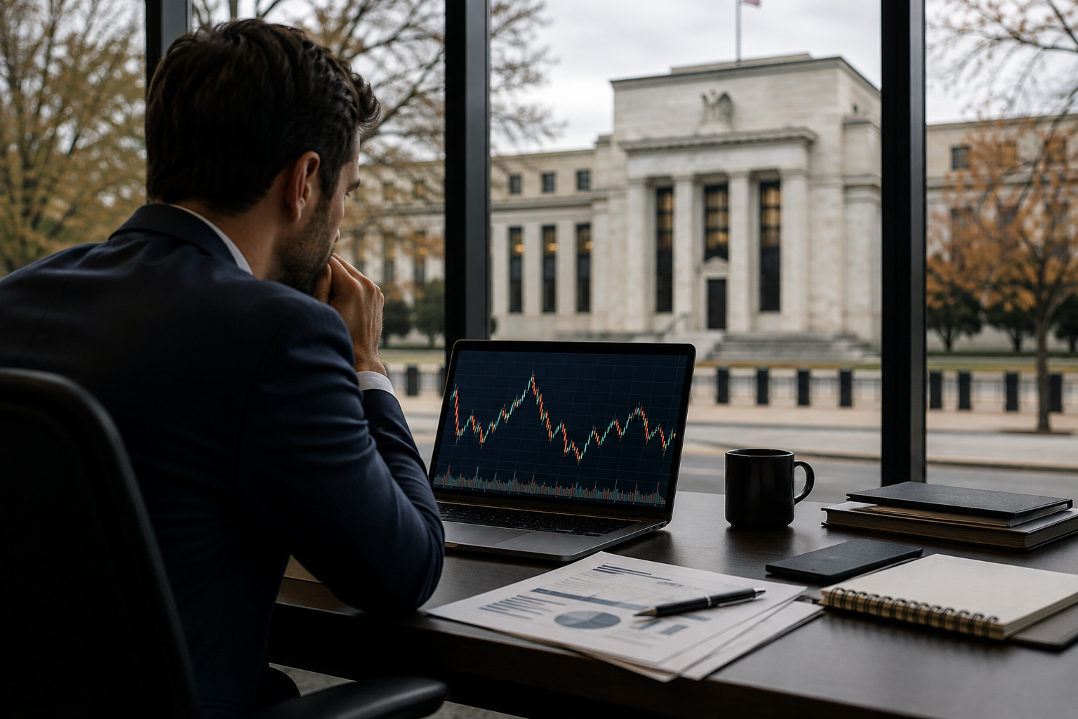 A financial analyst reviews market charts on a laptop in a modern office overlooking the Federal Reserve building in Washington, D.C., with documents and a coffee cup on the desk, conveying economic uncertainty and cautious decision-making.